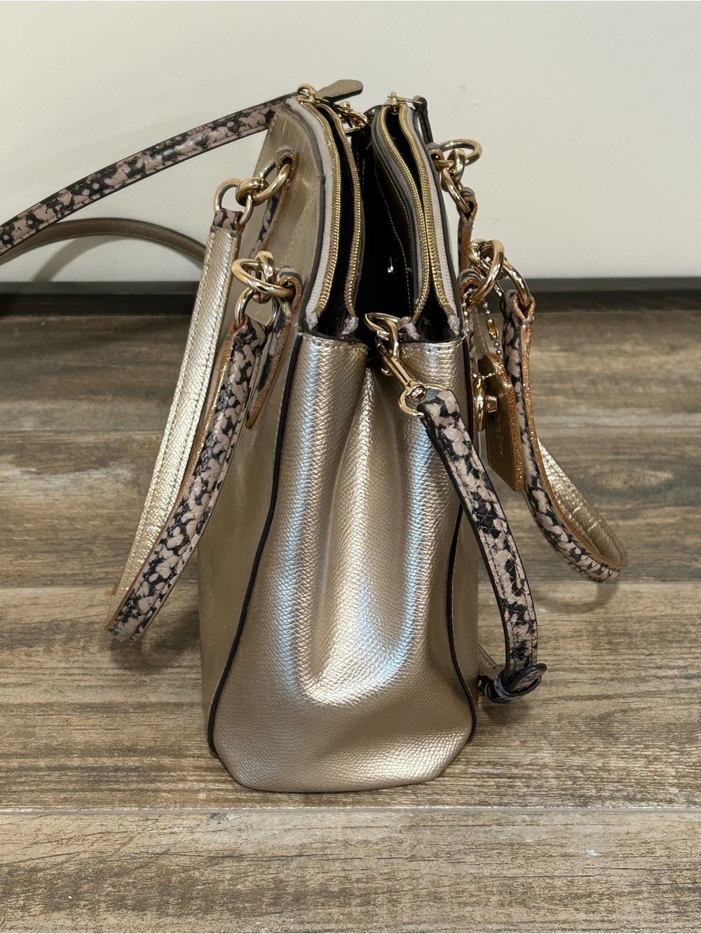Coach Christie Gold Metallic Snake Embossed Satchel Strap Carry All Purse charm - Picture 2 of 14